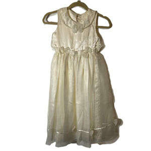 First Communion Dress Girls Size M White Sheer Lined Bows Peals Lace Satin Trim